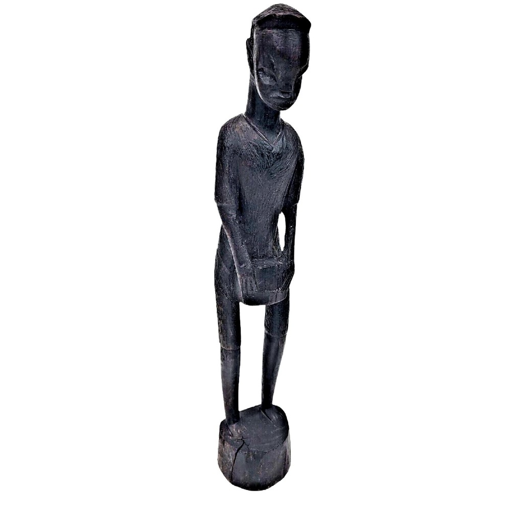 Africa Ebony Wood Besmo Hand Carved Tribal Art Figure Man Playing Drum Kenya 13"